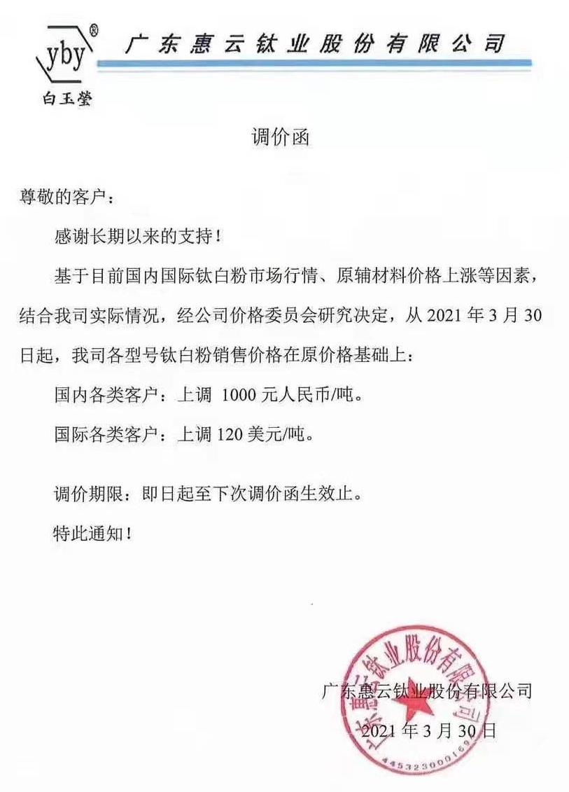 原輔料價(jià)格上漲，多家鈦白粉企業(yè)集體漲價(jià)！
