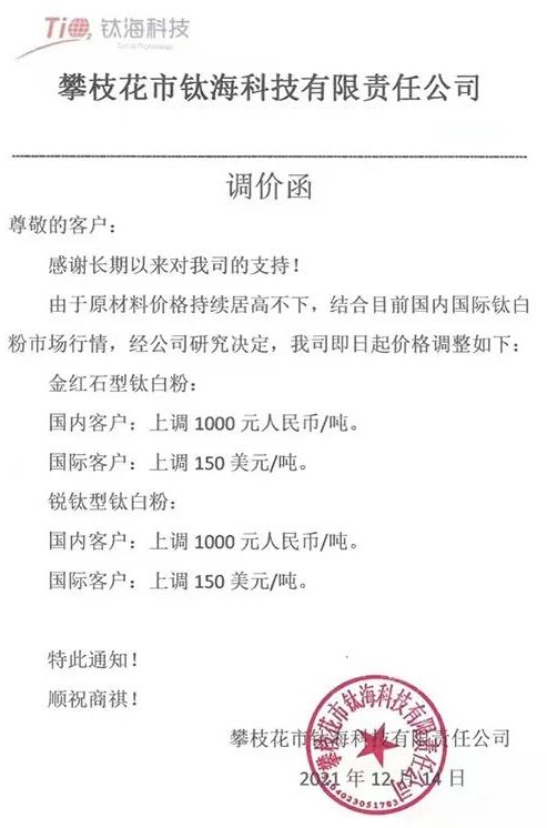 龍佰集團、鈦?？萍尖伆追蹆r(jià)格上調1000元/噸